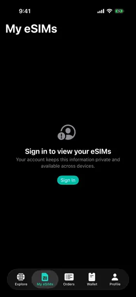 A travel eSIM app on iPhone: the sign-in screen