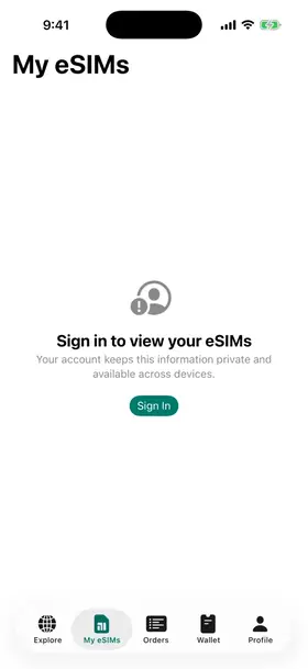 A travel eSIM app on iPhone: the sign-in screen