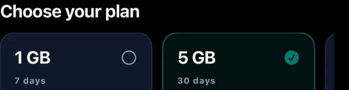 A travel eSIM app: choosing a plan, sample data