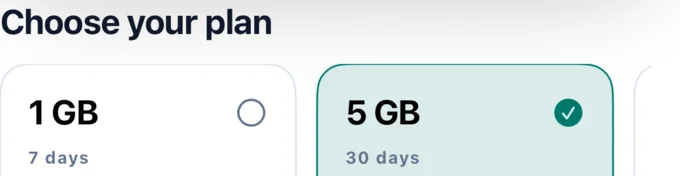 A travel eSIM app: choosing a plan, sample data