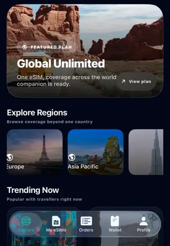 A travel eSIM app on iPhone: browsing destinations, sample data