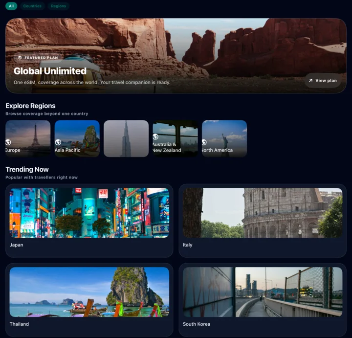 A travel eSIM app on a tablet: browsing destinations, sample data