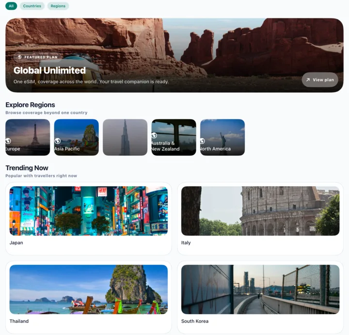 A travel eSIM app on a tablet: browsing destinations, sample data