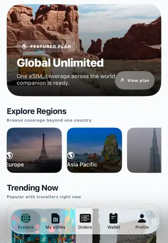 A travel eSIM app on iPhone: browsing destinations, sample data